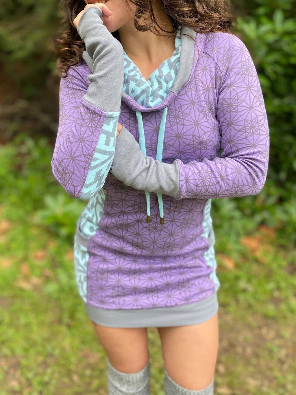 The Side Panel Portal Dress Purple Cowl Hooded Dress with Pockets