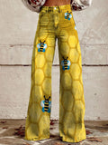 Women's Vintage Bee Print Casual Wide Leg Pants