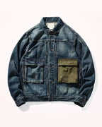 Vintage Asymmetric Canvas Patch Pocket Utilitarian Denim Jacket
