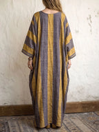 Women's Vintage-print Patchwork V-neck Short-sleeve Casual Loose Cotton-linen Dress