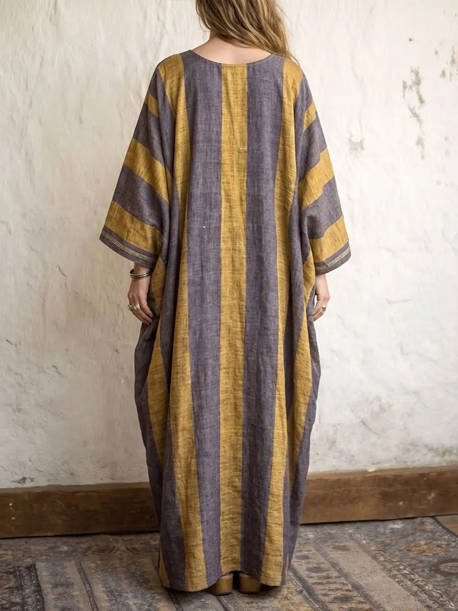 Women's Vintage-print Patchwork V-neck Short-sleeve Casual Loose Cotton-linen Dress