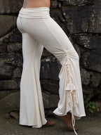 High-Waist Side Ruched Drawstring Ruffle Flare Pants with Fold-Over Waistband