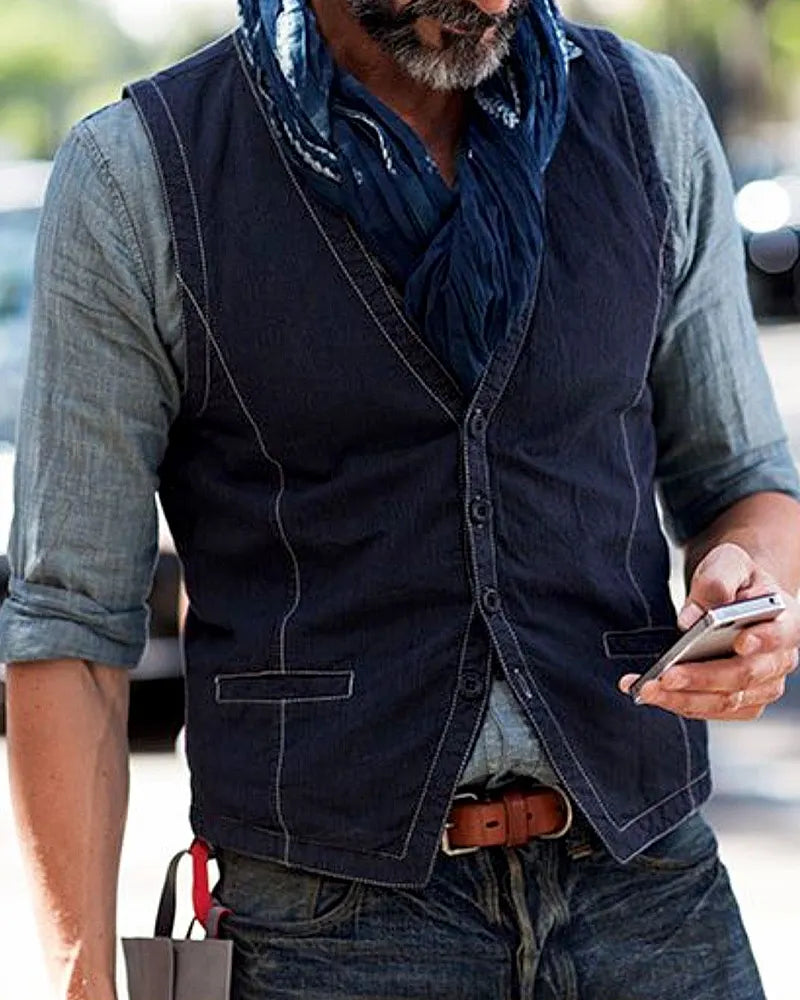 Vintage Navy Cotton Blend Single-breasted Vest