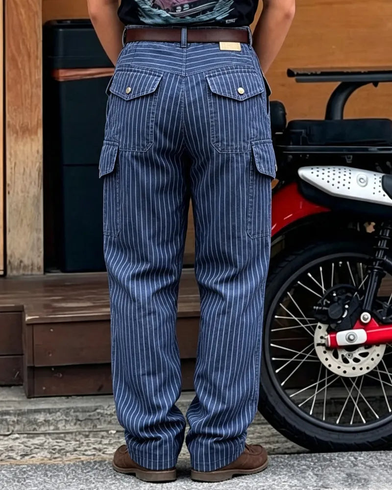 Vintage Navy Railroad Stripe Multi©\Flap©\Pocket Straight©\Leg Cargo Trousers
