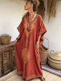 Women's Spiral Abstract Printed Cotton and Linen V-Neck Kaftan Dress