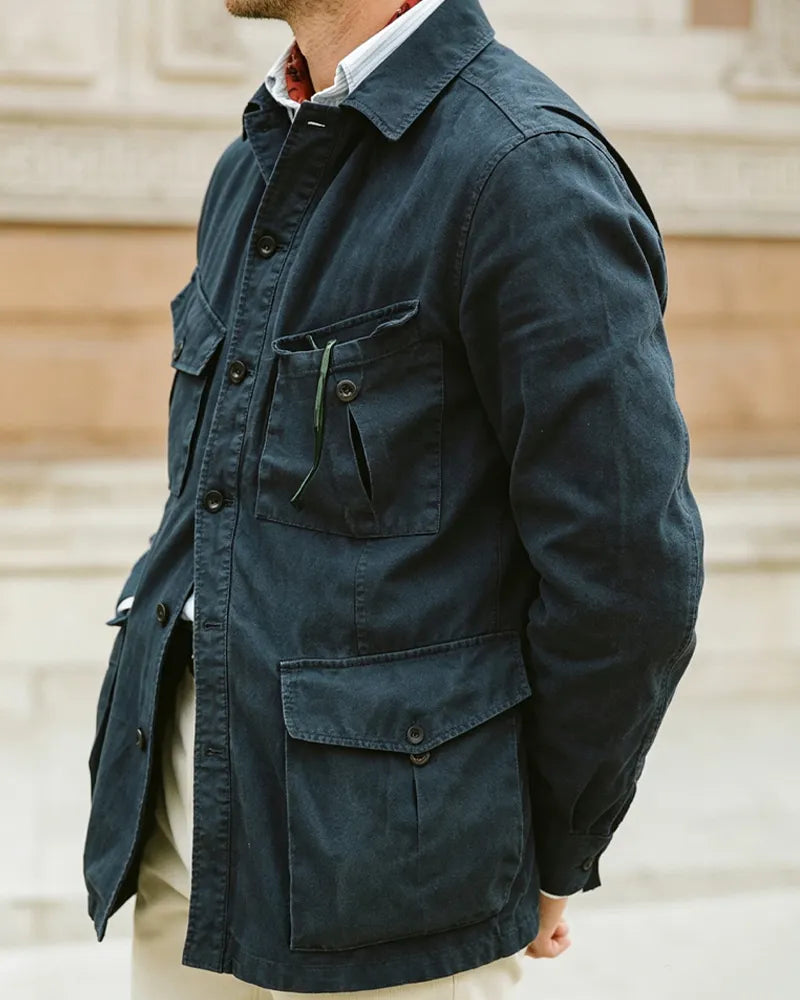 Vintage Dark Blue Collared Multi-pocket Jacket