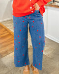 Apple-embroidered Wide-leg Denim Pants