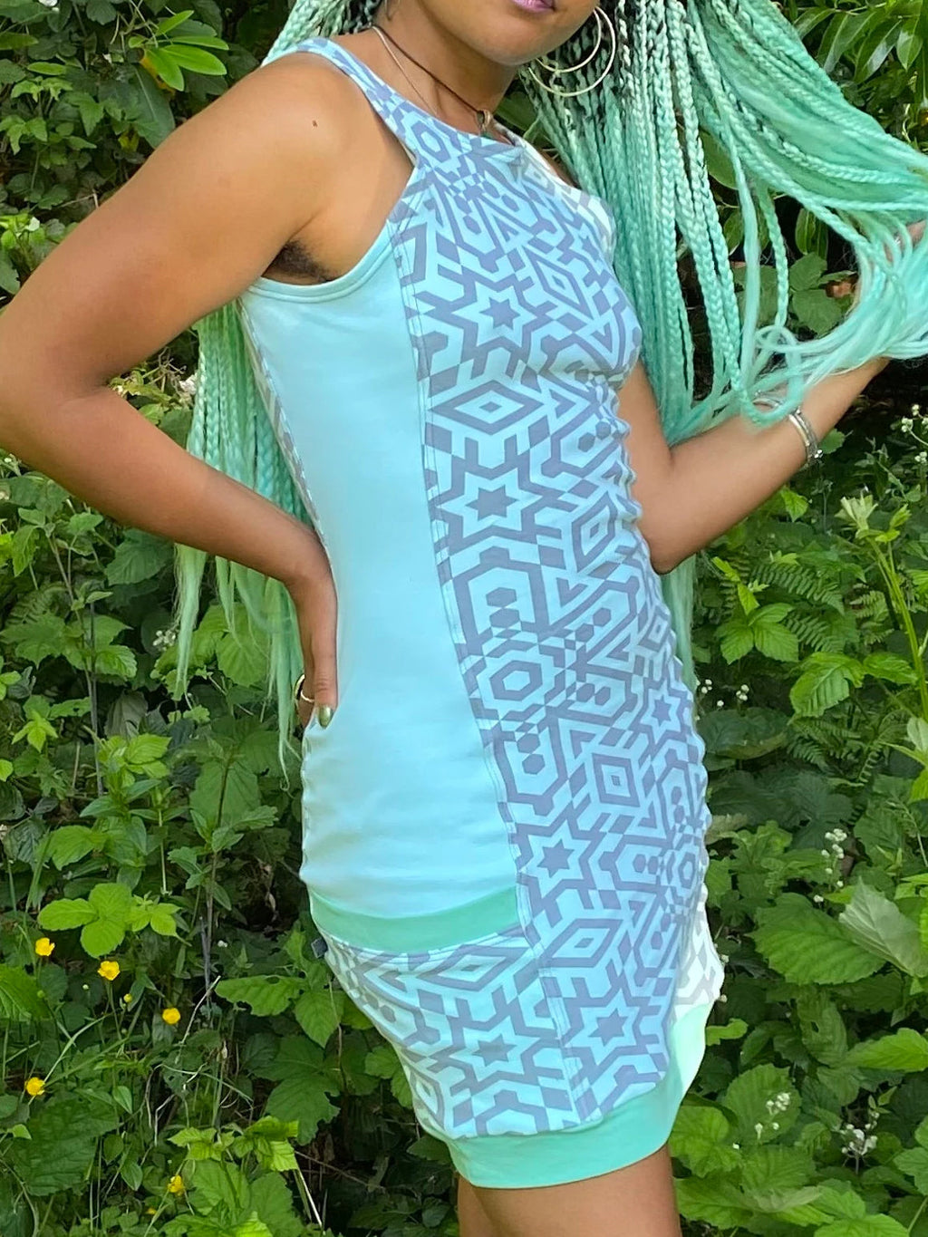 Sleeveless Side Panel Dress / Organic Cotton Blue Sleeveless Dress w/ Pockets
