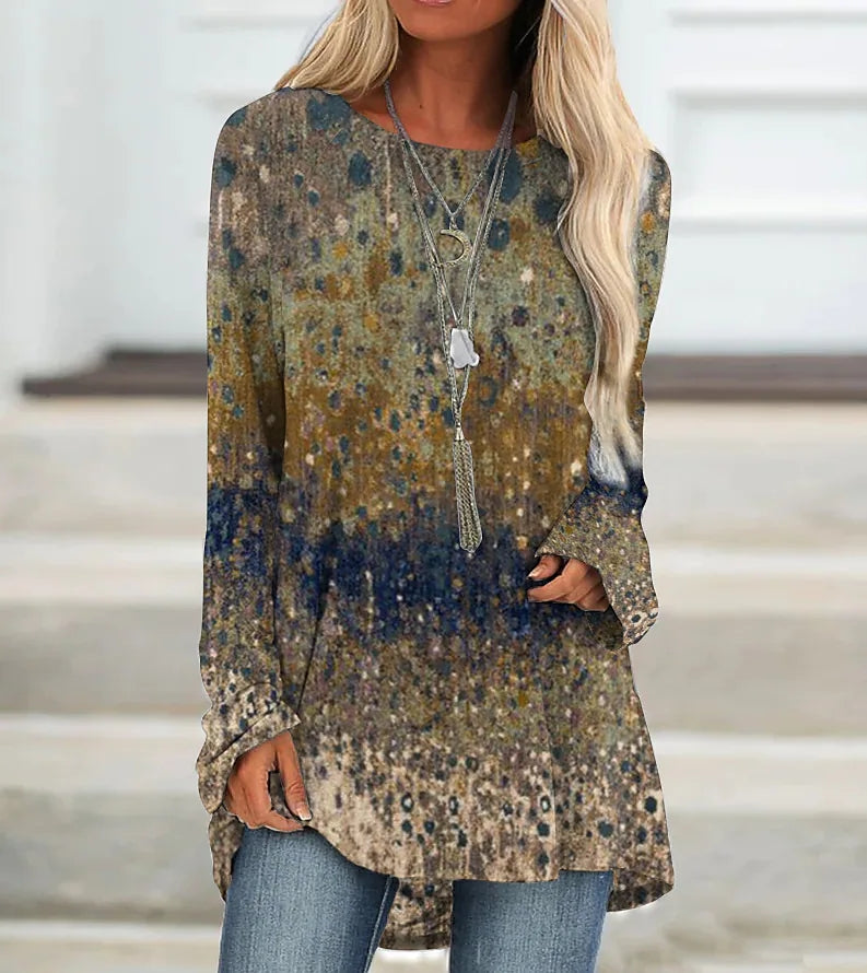Casual Women's Crew Neck Top Loose Long Sleeve Vintage Print Pullover Fashion T-Shirt