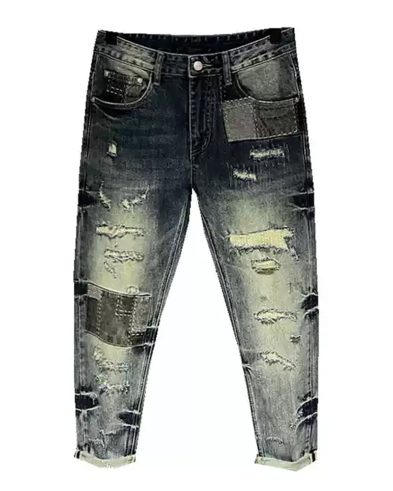 Vintage Patchwork Repair Distressed Straight©\Leg Denim Pants