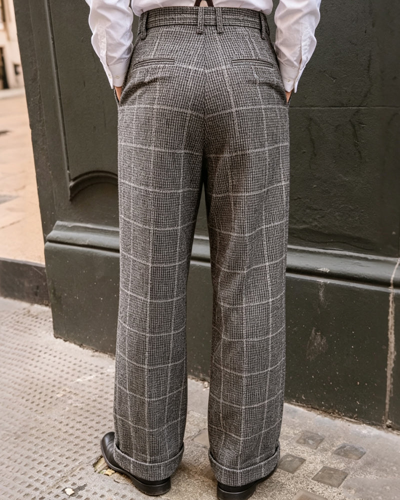 Vintage Gray Windowpane©\Check High©\Waist Trousers