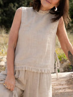 Natural Linen Raw Hem Tie Sleeveless Tank Top