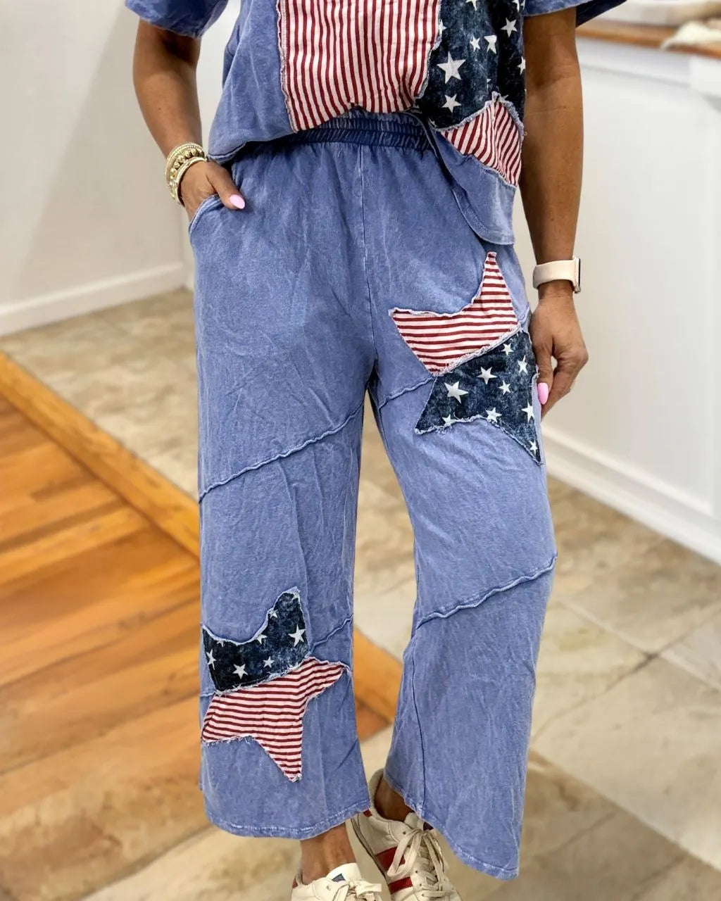 Flag Star Patches Washed Pants