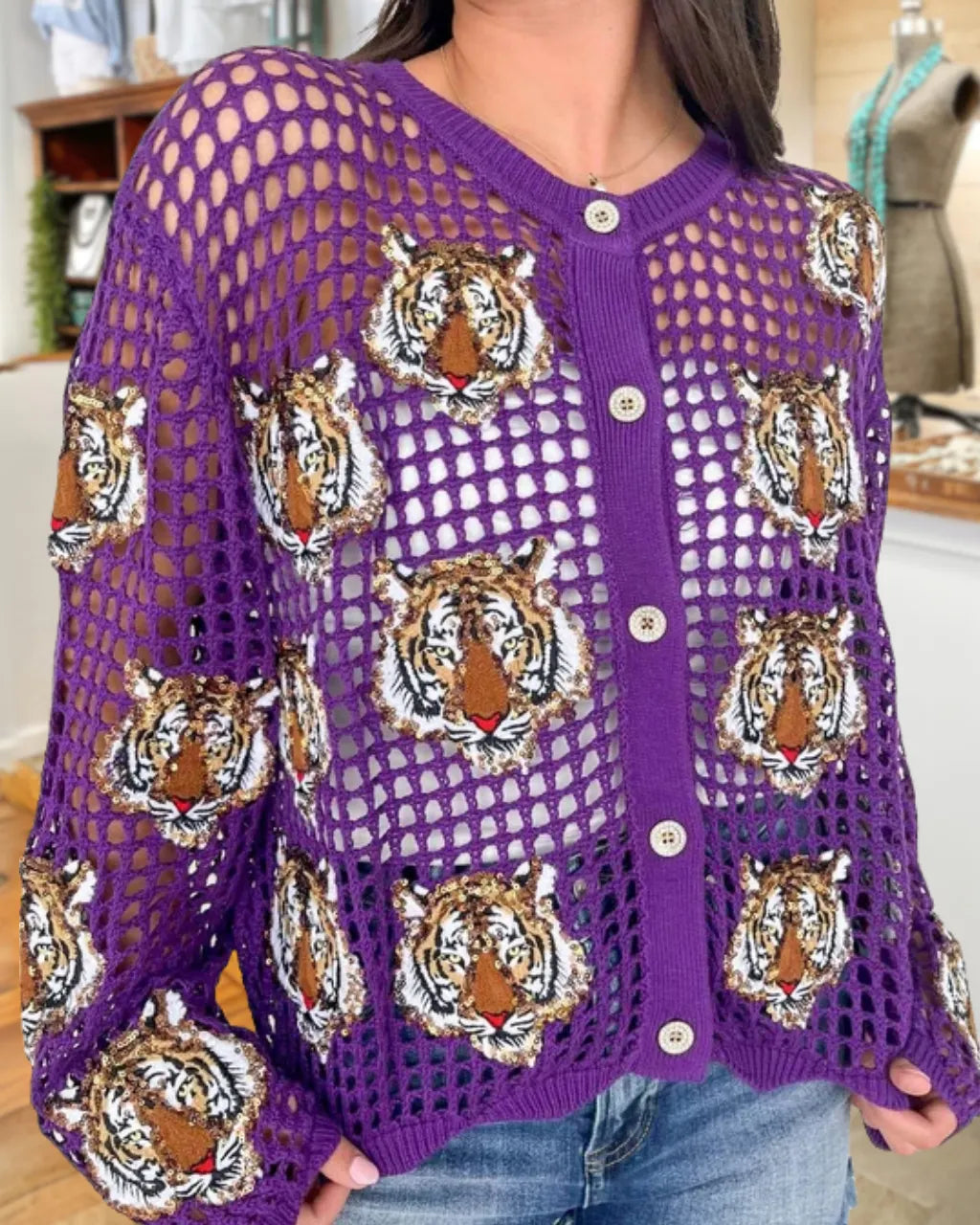 Game Day Tiger-Head Crochet Sequin Top