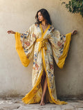 Women's Flower Yellow Kimono Linen Robe (Including Belt)