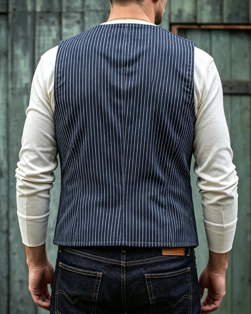 Vintage Pinstripe Denim Single-breasted Vest