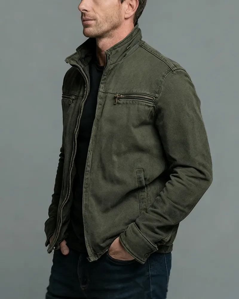 Retro Casual Washed Cotton Zip-up Stand Collar Jacket