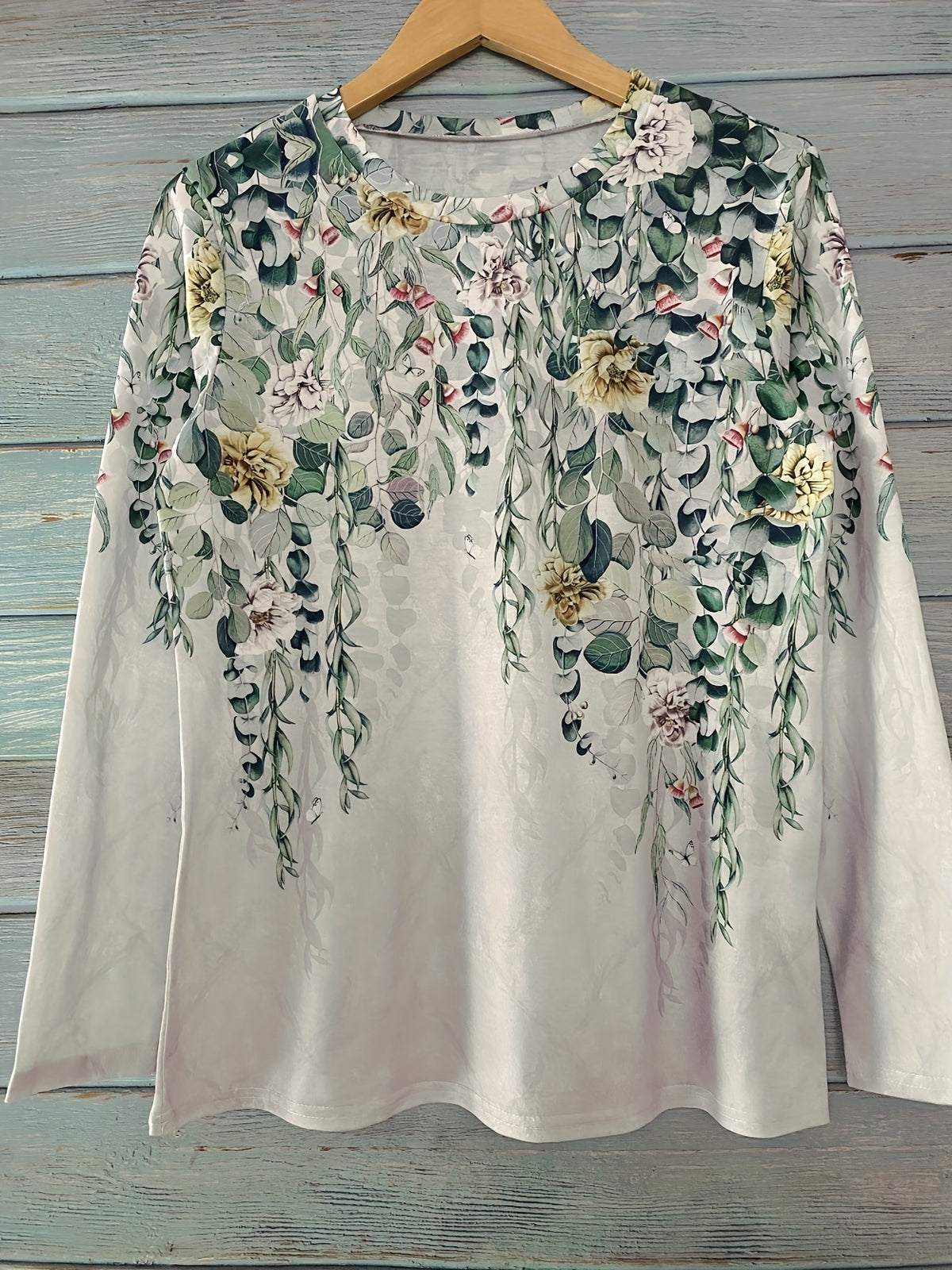 Floral Print Crew Neck T-Shirt, Casual Long Sleeve T-Shirt For Spring & Fall, Women's Clothing