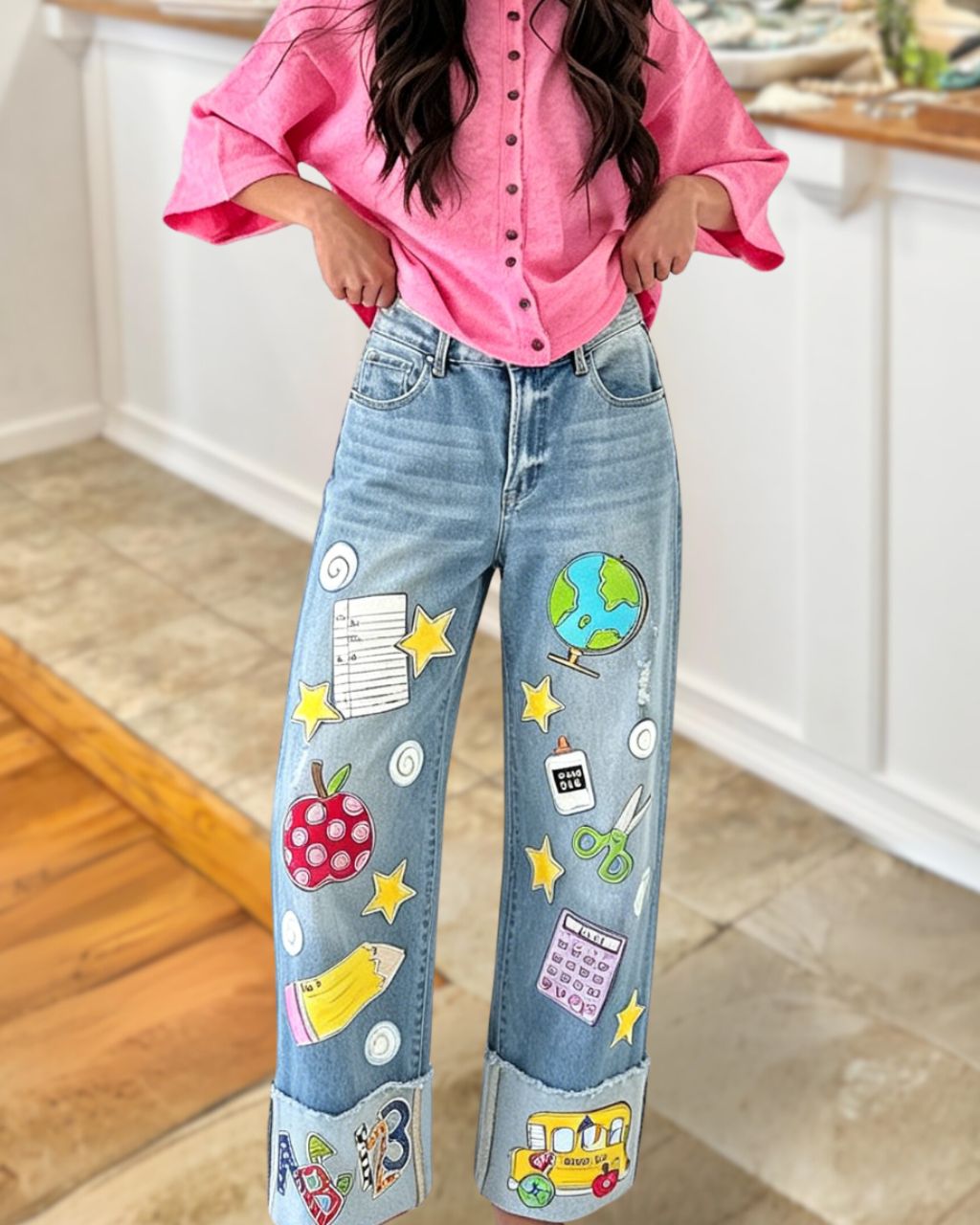 School Supplies Printed Denim Pants
