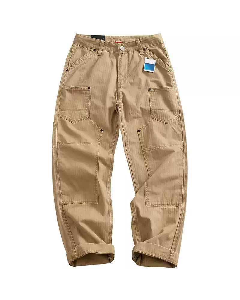 Vintage Herringbone Twill Riveted Double Knee Straight Cargo Pants