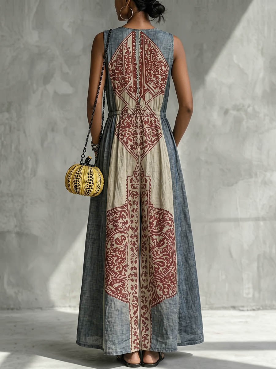 Women's Vintage V-neck Sleeveless Casual Loose Cotton-linen Dress With Placement Print
