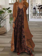 Women's Long Sleeve V-neck Floral Printed Two Pieces Maxi Dress