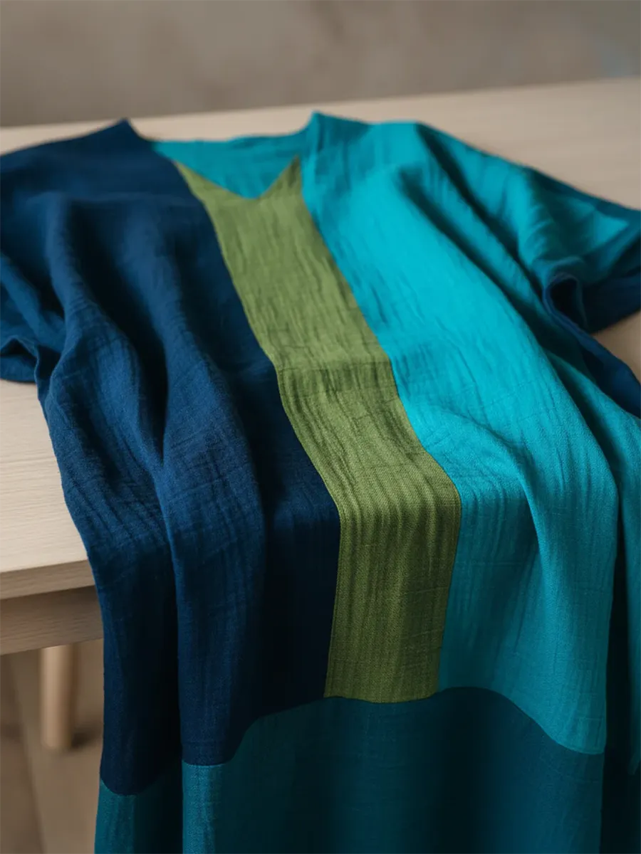 Artistic Color-block Geometric Cotton-linen Maxi Dress