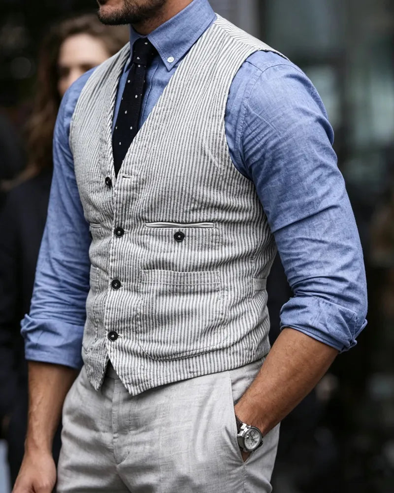 Vintage Gray Striped V-neck Vest