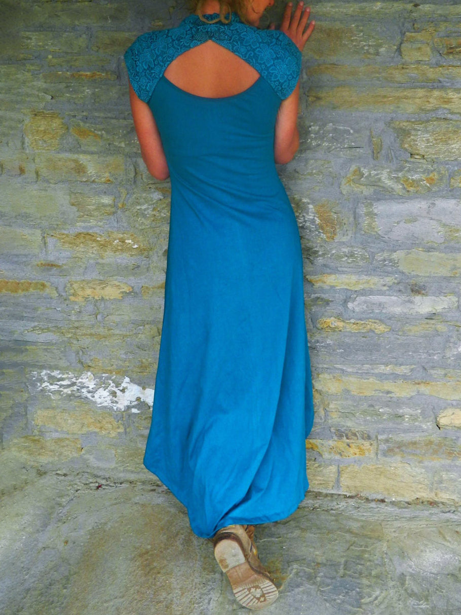 Asymmetric Midi Dress with Cutout Cape and Patchwork Detail