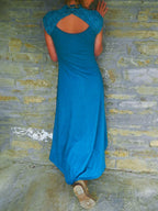 Asymmetric Midi Dress with Cutout Cape and Patchwork Detail