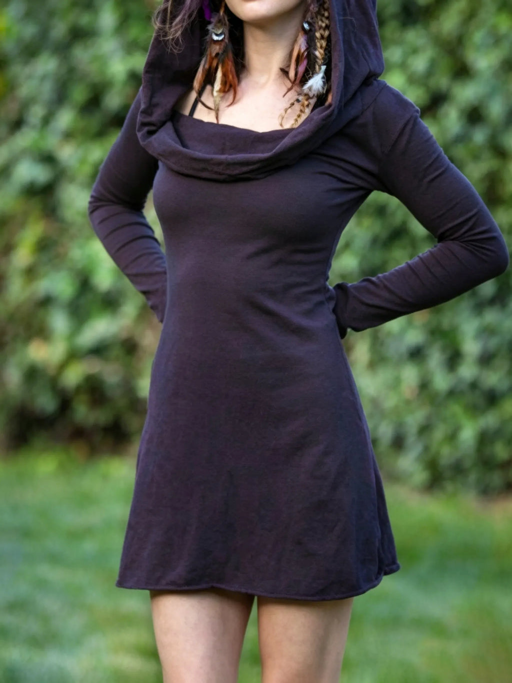 Hooded A-Line Mini Dress with Cowl Neck and Long Sleeves