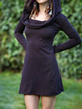 Hooded A-Line Mini Dress with Cowl Neck and Long Sleeves