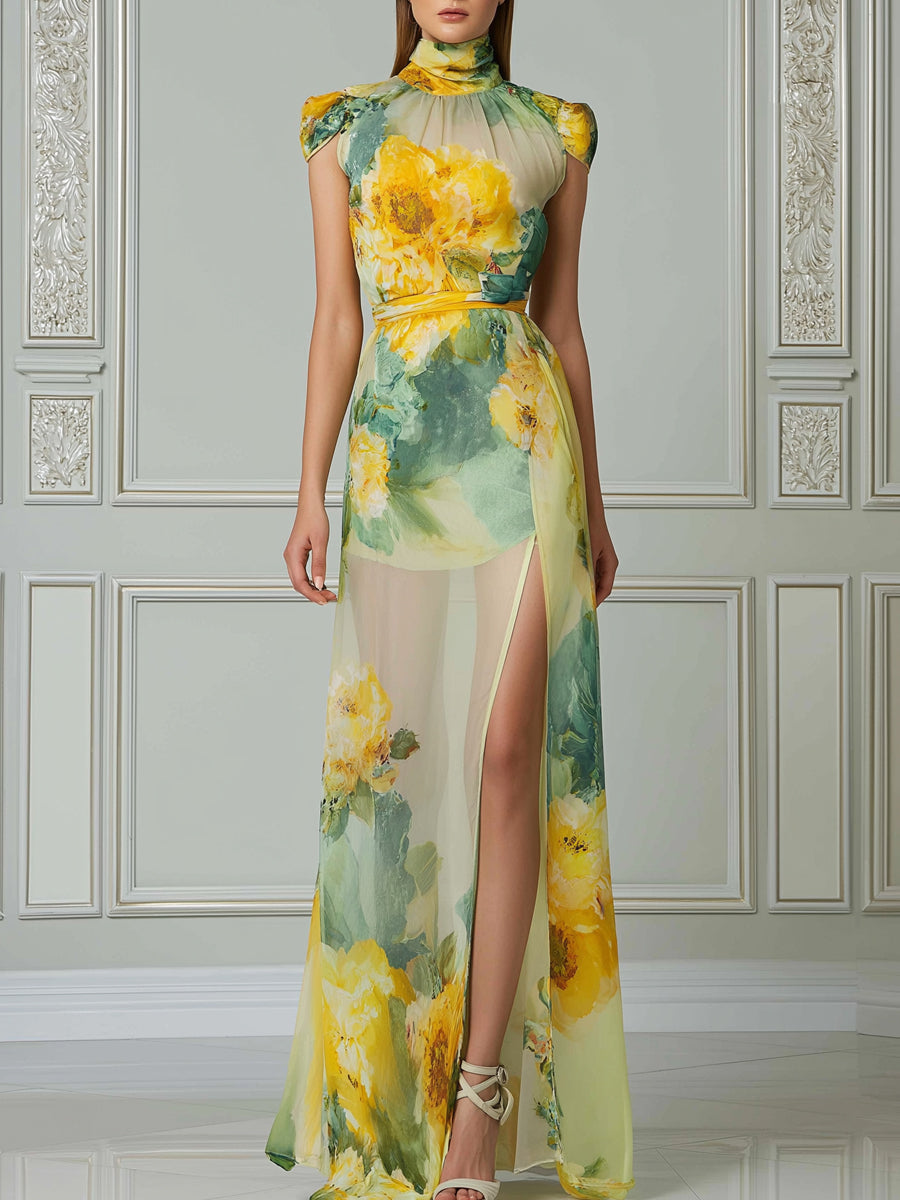 Elegant Yellow Floral Print Chiffon Maxi Dress