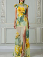 Elegant Yellow Floral Print Chiffon Maxi Dress
