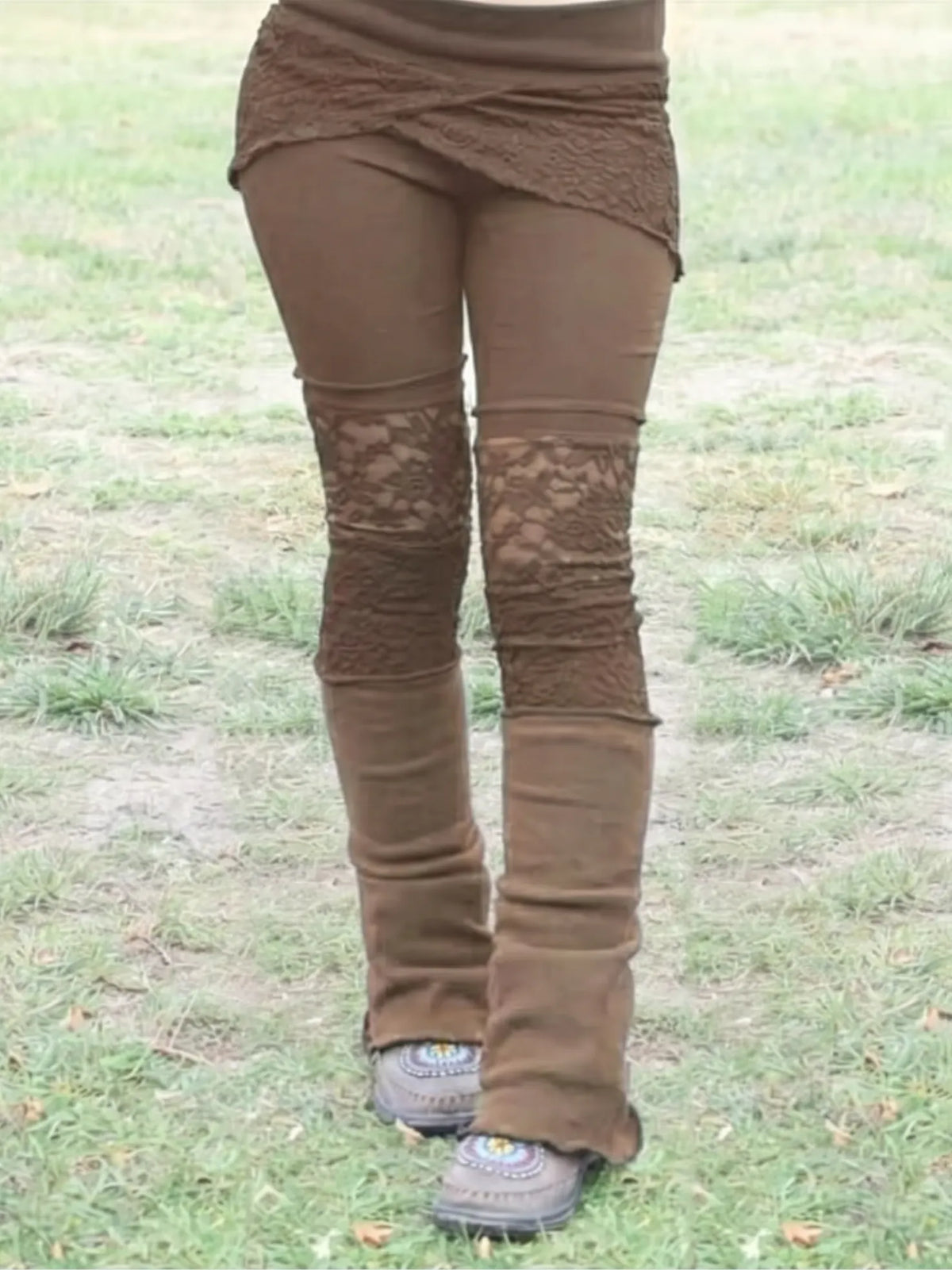 Lace Patchwork Wrap-Style Layered Micro-Flare Leggings