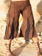 Color-Block Patchwork Slit Raw Hem Cropped Wide Leg Pants