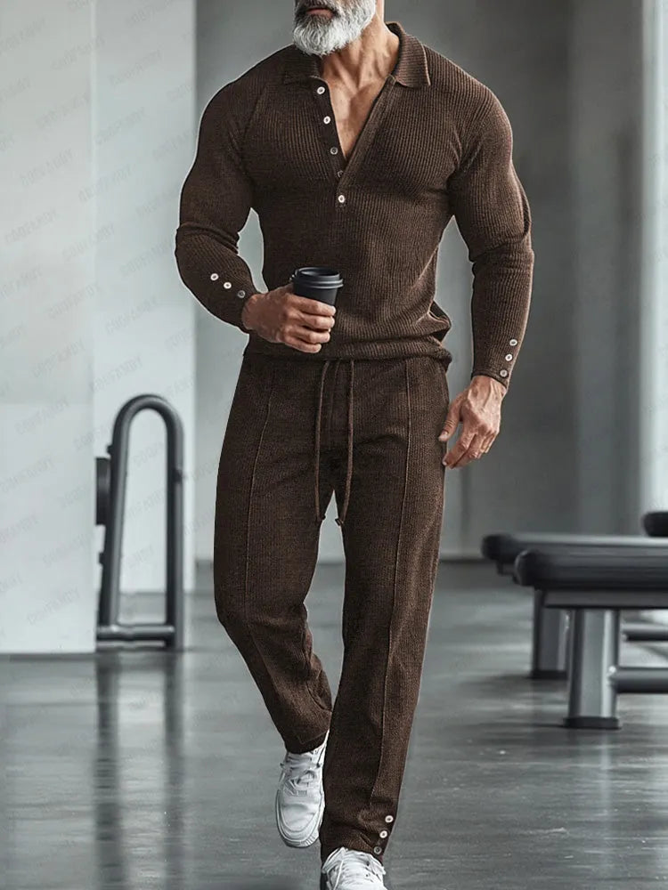 Athleisure Stretch Knit Polo Shirt Pants Set