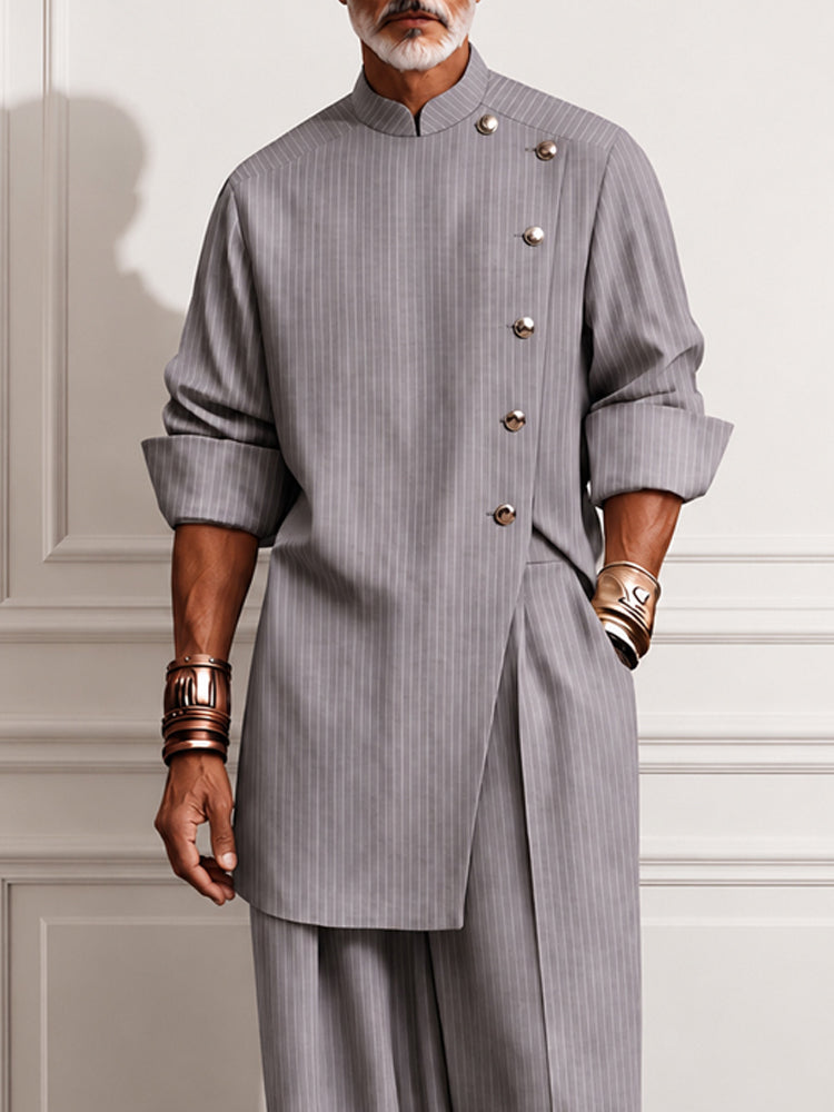 Refined Pinstripe Slit Longline Top Pants Set