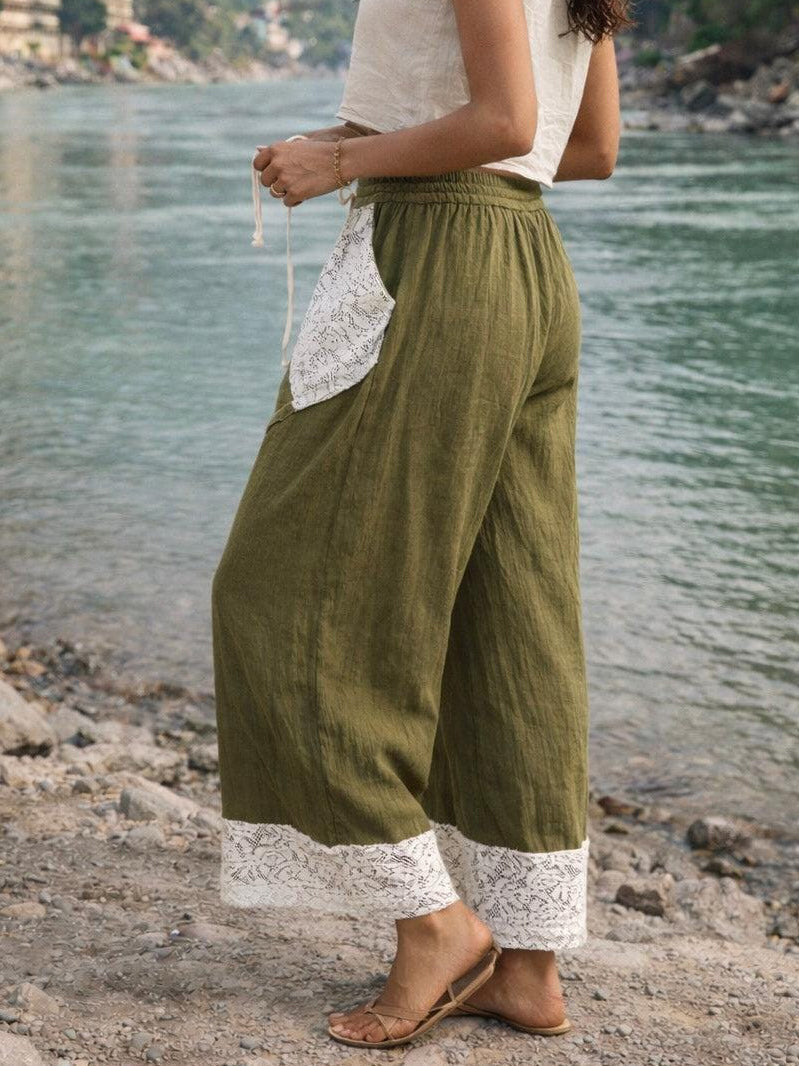 Boho Wide Leg Pants with Lace Panel Detail - Daksh Hrem Pant