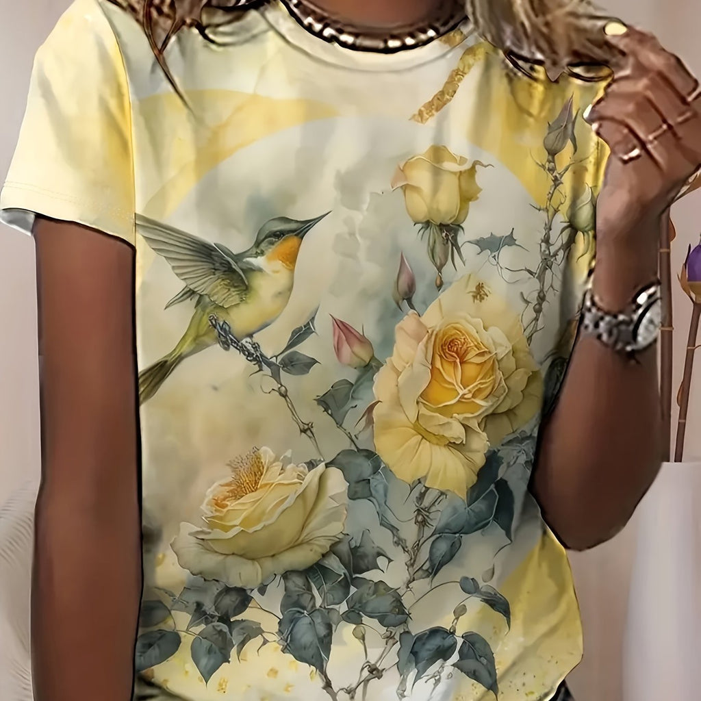 Floral & Bird Print T-shirt, Casual Short Sleeve Crew Neck Top, Women's Clothing