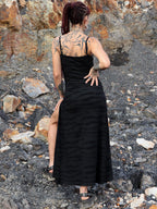 Stripe Maxi Dress, Adjustable Spaghetti Straps, Thigh Slits