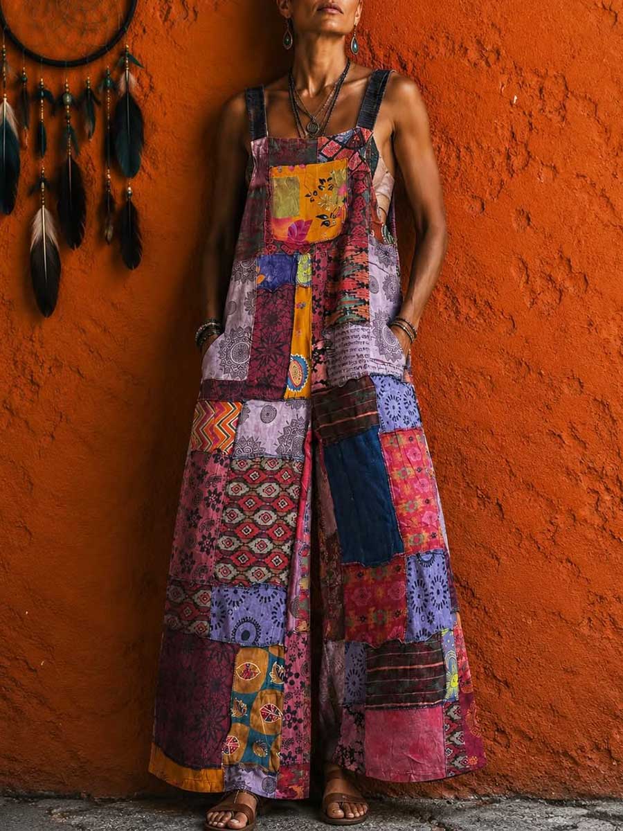 Women's Vintage-print Square-neck Sleeveless Casual Loose-fit Wide-leg Jumpsuit