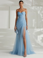 Tulle Slit Sheath Gown Dress
