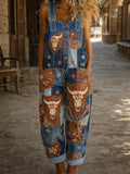 Women's Retro Floral Color-Blocked Art Print Washed Cotton Denim Patchwork Jumpsuit