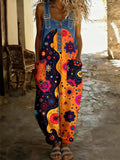 Women's Boho Color Art Print Washed Cotton Denim Patchwork Jumpsuit