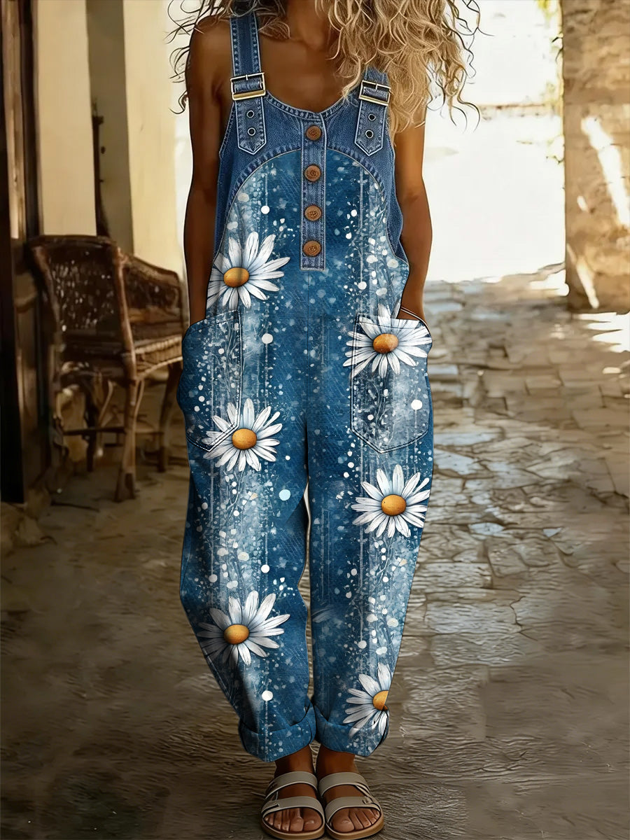 Women's Retro Floral Color-Blocked Art Print Washed Cotton Denim Patchwork Jumpsuit