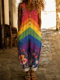 Women's Retro Pride Month Rainbow Art Print Washed Cotton Denim Patchwork Jumpsuit