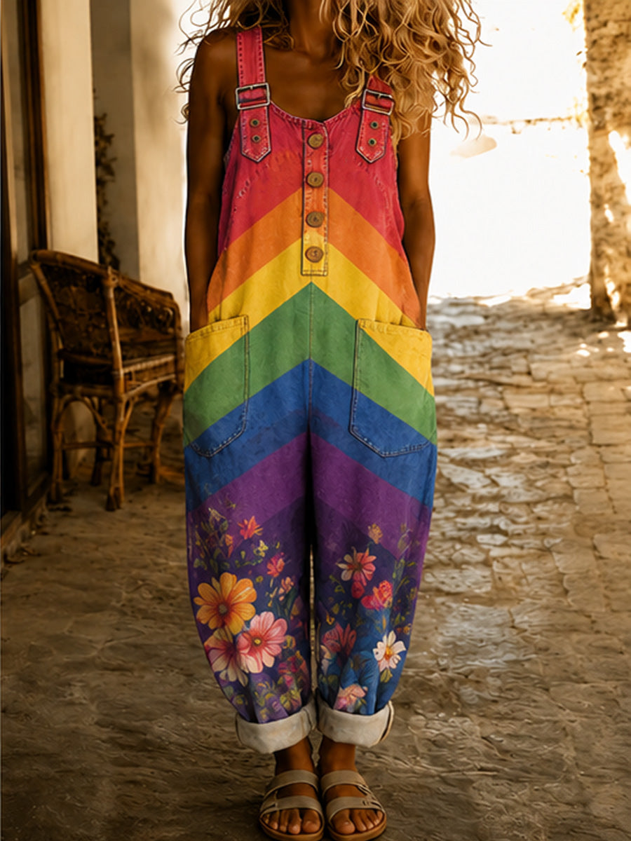 Women's Retro Pride Month Rainbow Art Print Washed Cotton Denim Patchwork Jumpsuit