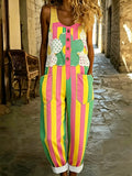 Women's Boho Color Art Print Washed Cotton Denim Patchwork Jumpsuit