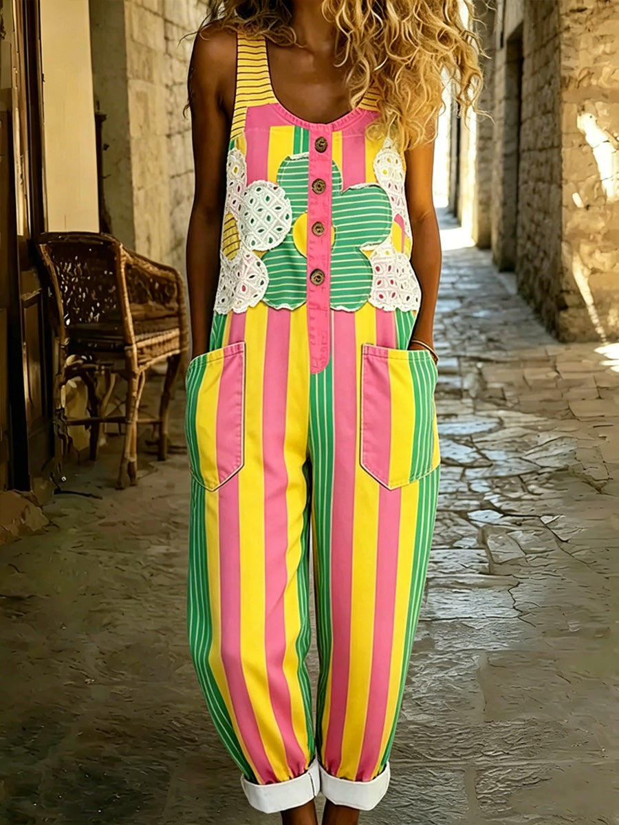 Women's Boho Color Art Print Washed Cotton Denim Patchwork Jumpsuit